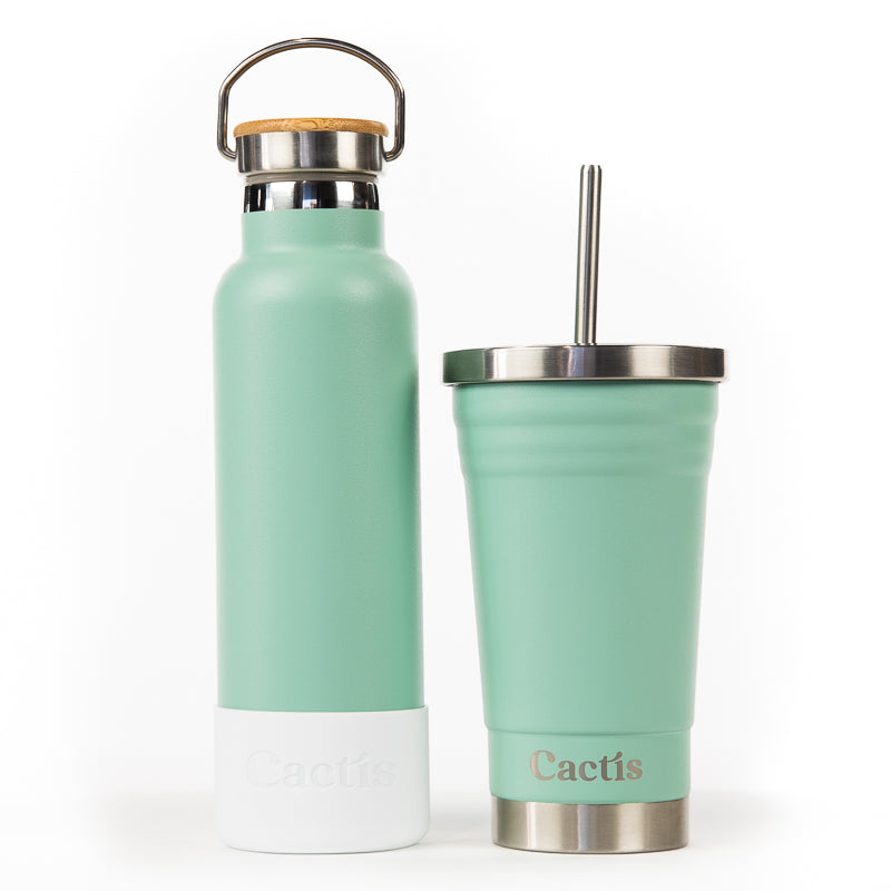 Cactis Essential 600ml Bottle - Sage Green, Cactis Smoothie Cup - Sage Green, Cactis Silicone Bumper - White