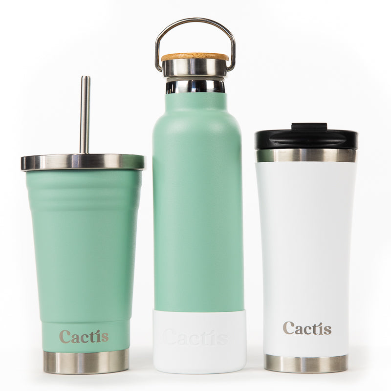 Cactis Essential 600ml Bottle - Sage Green, Cactis Coffee Cup - White, Cactis Smoothie Cup - Sage Green, Cactis Silicone Bumper - White