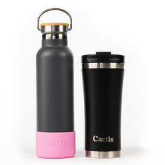 Cactis Essential 600ml Bottle - Grey, Cactis Coffee Cup - Black, Cactis Silicone Bumper - Light Pink