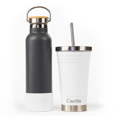 Cactis Essential 600ml Bottle Grey, Cactis Smoothie Cup - White, Cactis Silicone Bumper - White