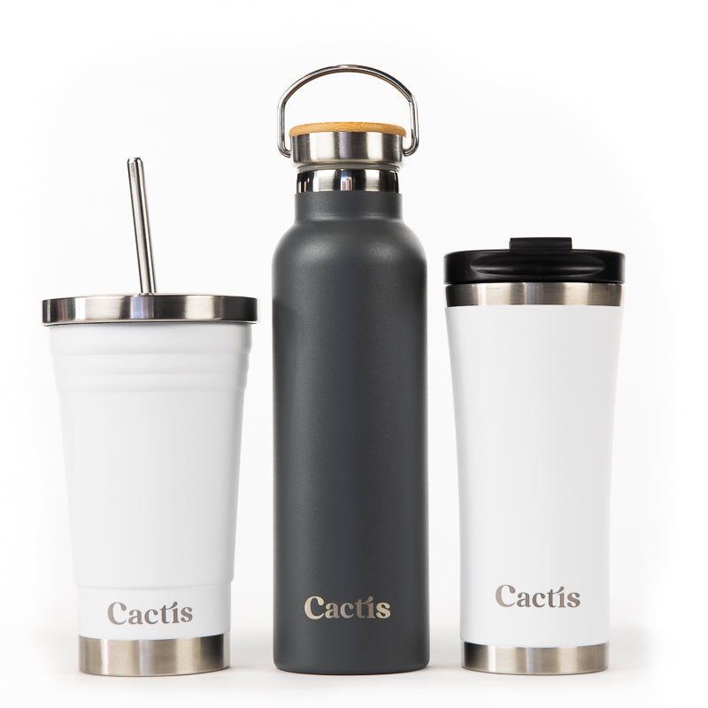 Cactis Essential 600ml Bottle - Grey, Cactis Coffee Cup - White, Cactis Smoothie Cup - White