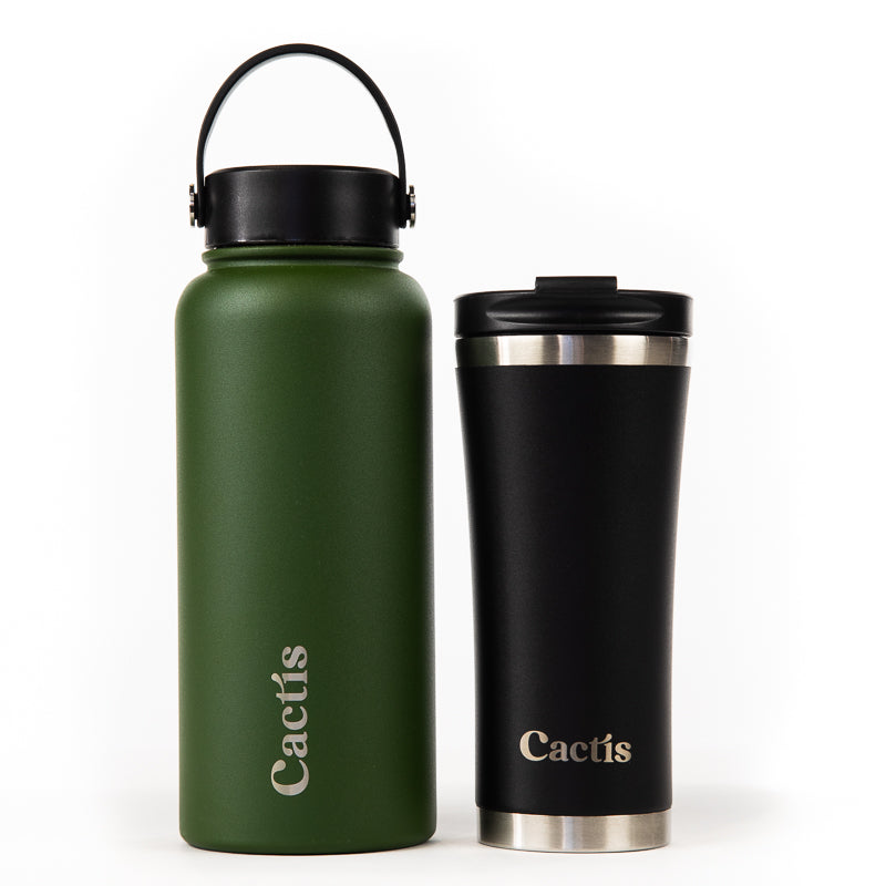 Cactis 950ml Sports Bottle - Camo Green, Cactis Coffee Cup - Black