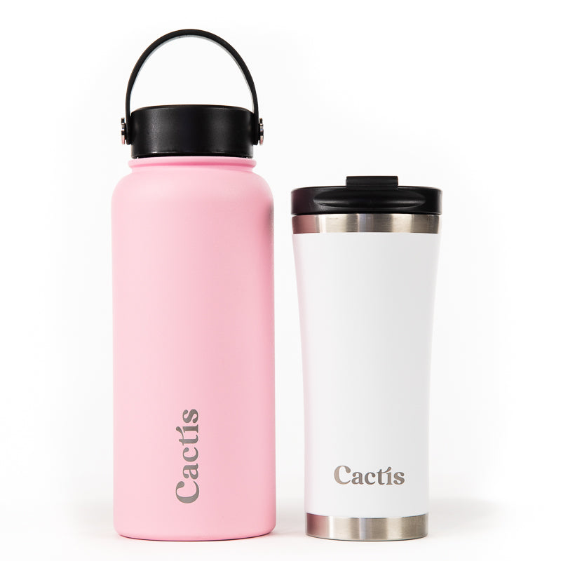 Cactis 950ml Sports Bottle - Blush Pink, Cactis Coffee Cup - White