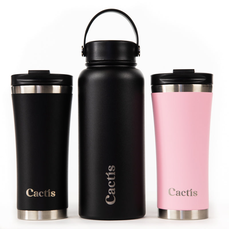 Cactis Coffee Cup - Black, Cactis 950ml Sports Bottle - Black, Cactis Coffee Cup - Blush Pink