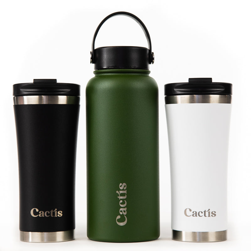 Cactis Coffee Cup - Black, Cactis 950ml Sports Bottle - Camo Green, Cactis Coffee Cup - White